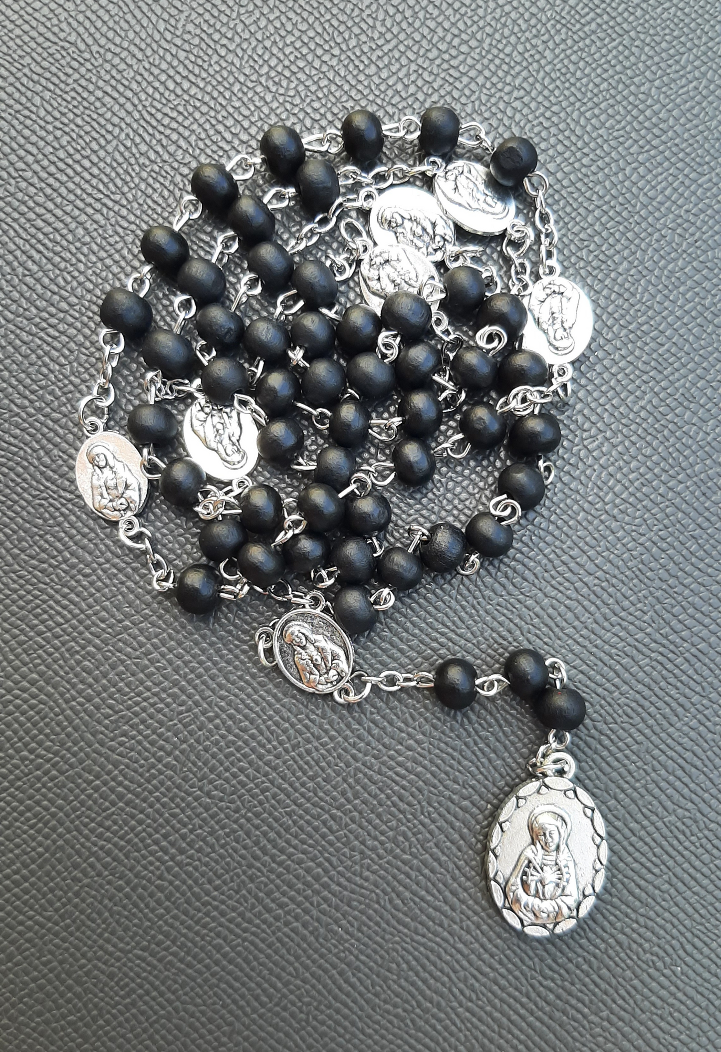 KaiaRie Seven Sorrows of Mary Rosary with Black Beads and Silver