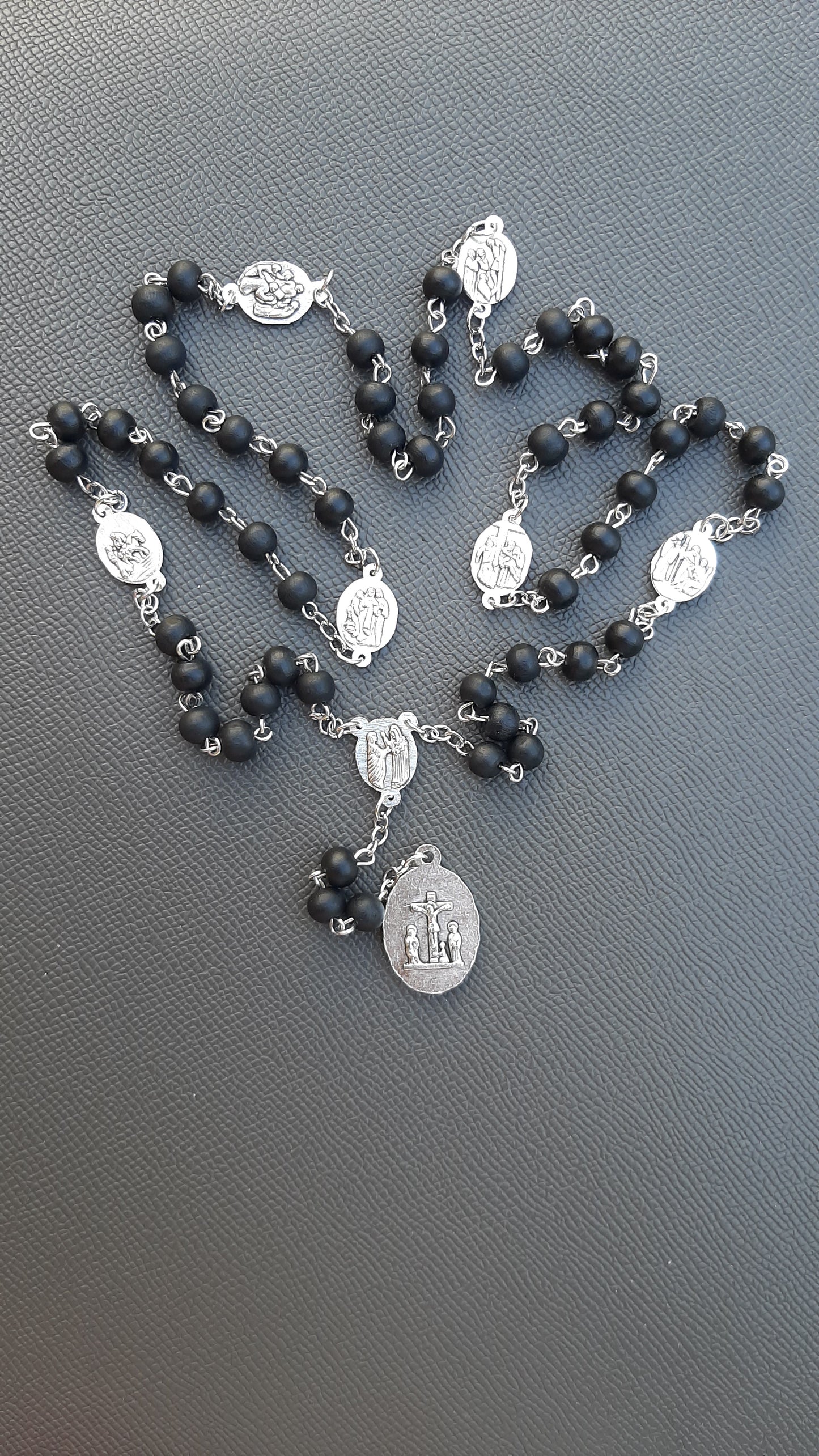 KaiaRie Seven Sorrows of Mary Rosary with Black Beads and Silver