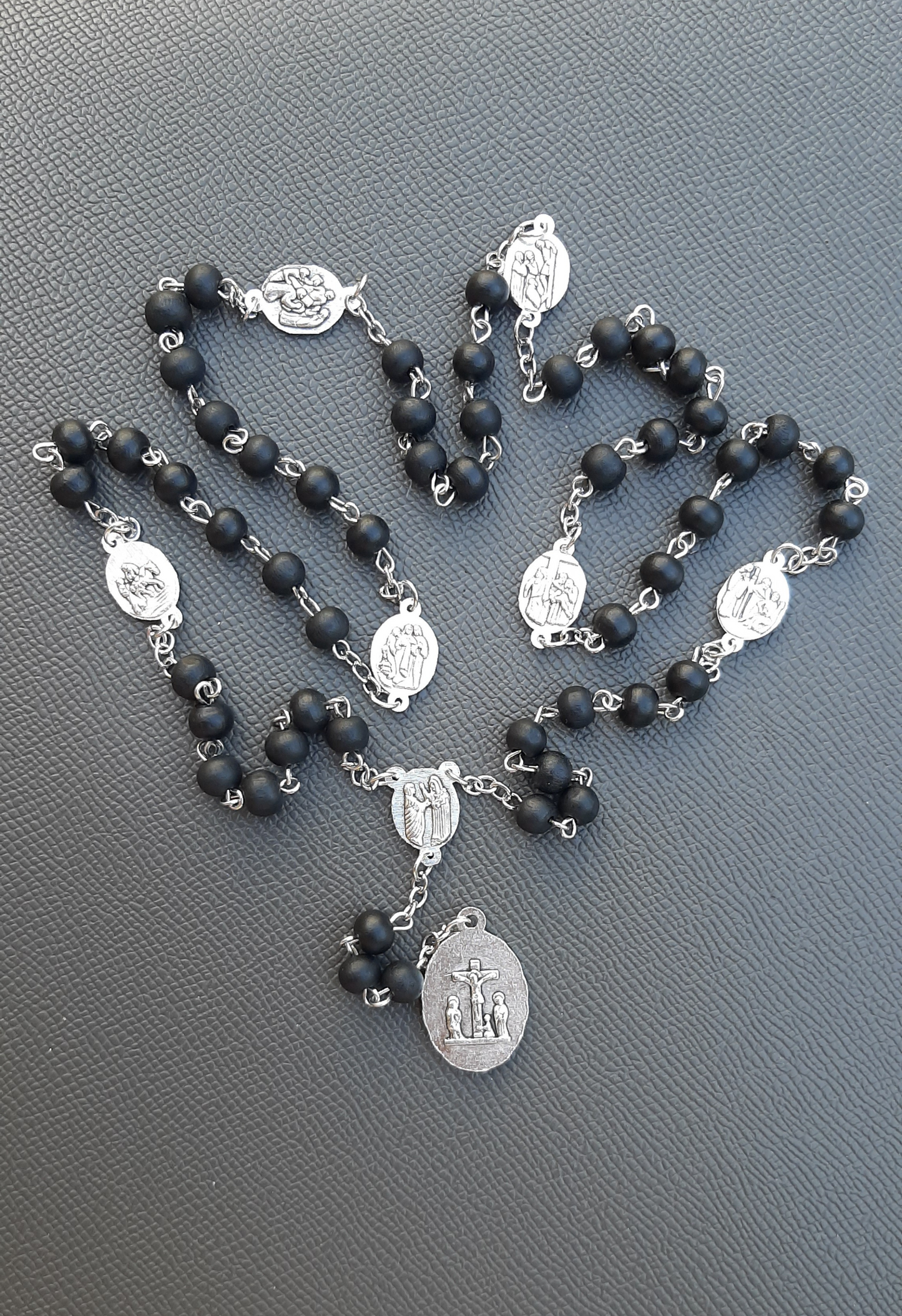 KaiaRie Seven Sorrows of Mary Rosary with Black Beads and Silver