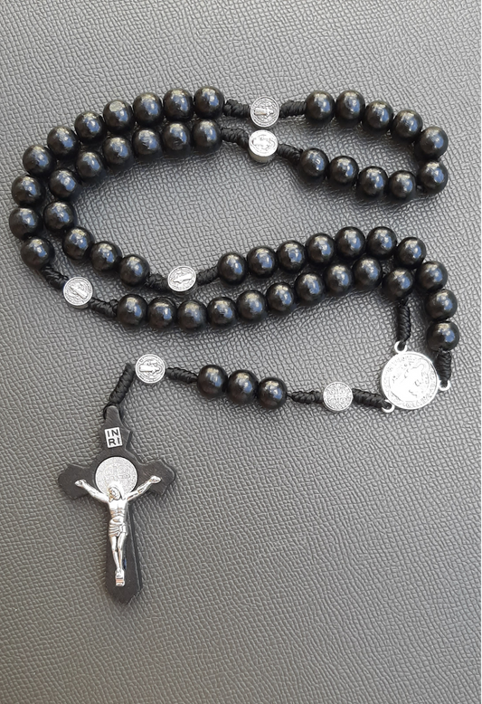 KaiaRie Saint Benedict Rosary with Black Wood Beads and Silver