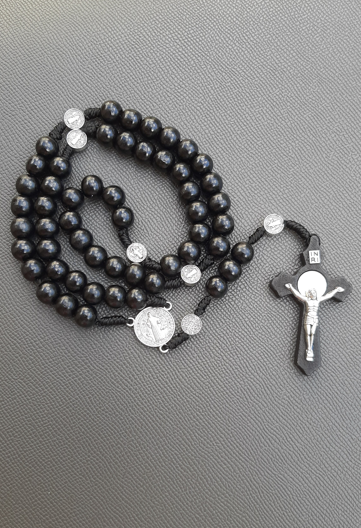 KaiaRie Saint Benedict Rosary with Black Wood Beads and Silver