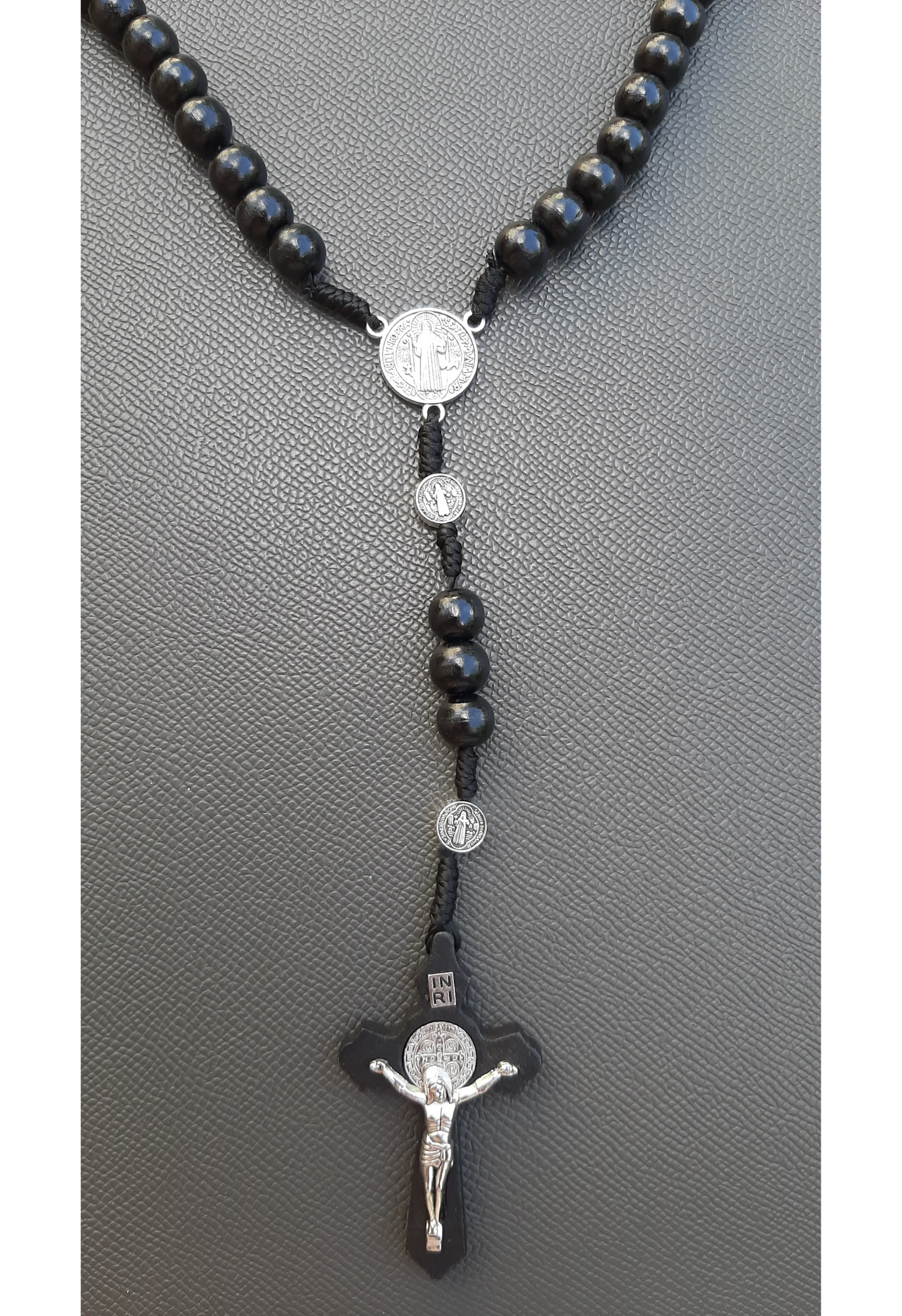 KaiaRie Saint Benedict Rosary with Black Wood Beads and Silver