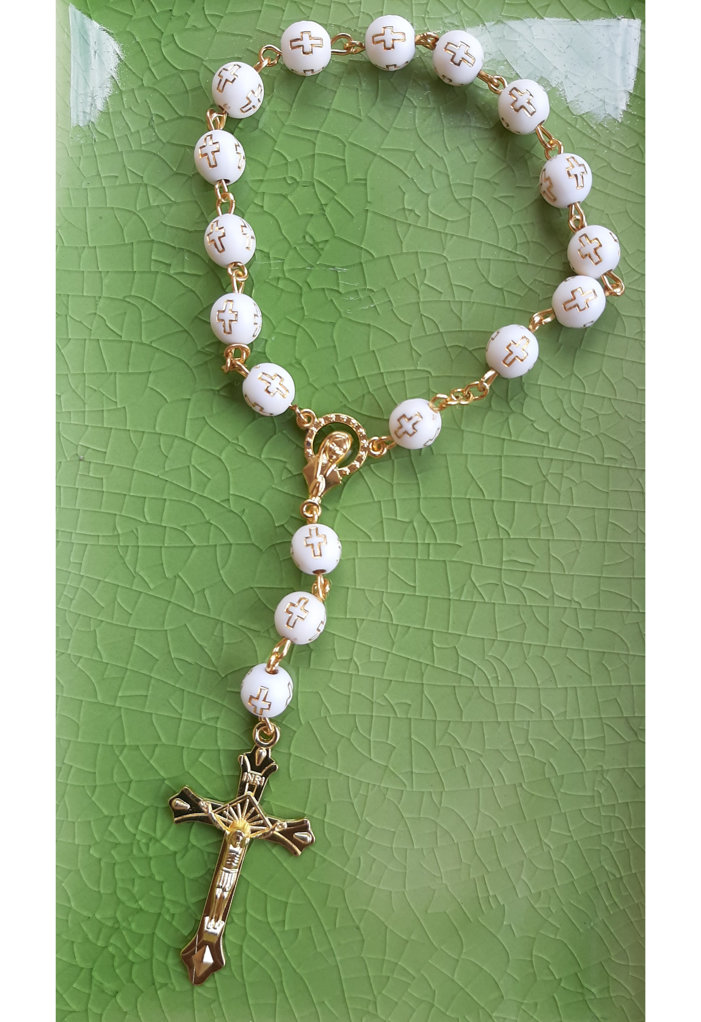 KaiaRie Blessed Virgin Mary Rosary Bracelet with White Bead Cross Stamping and Gold