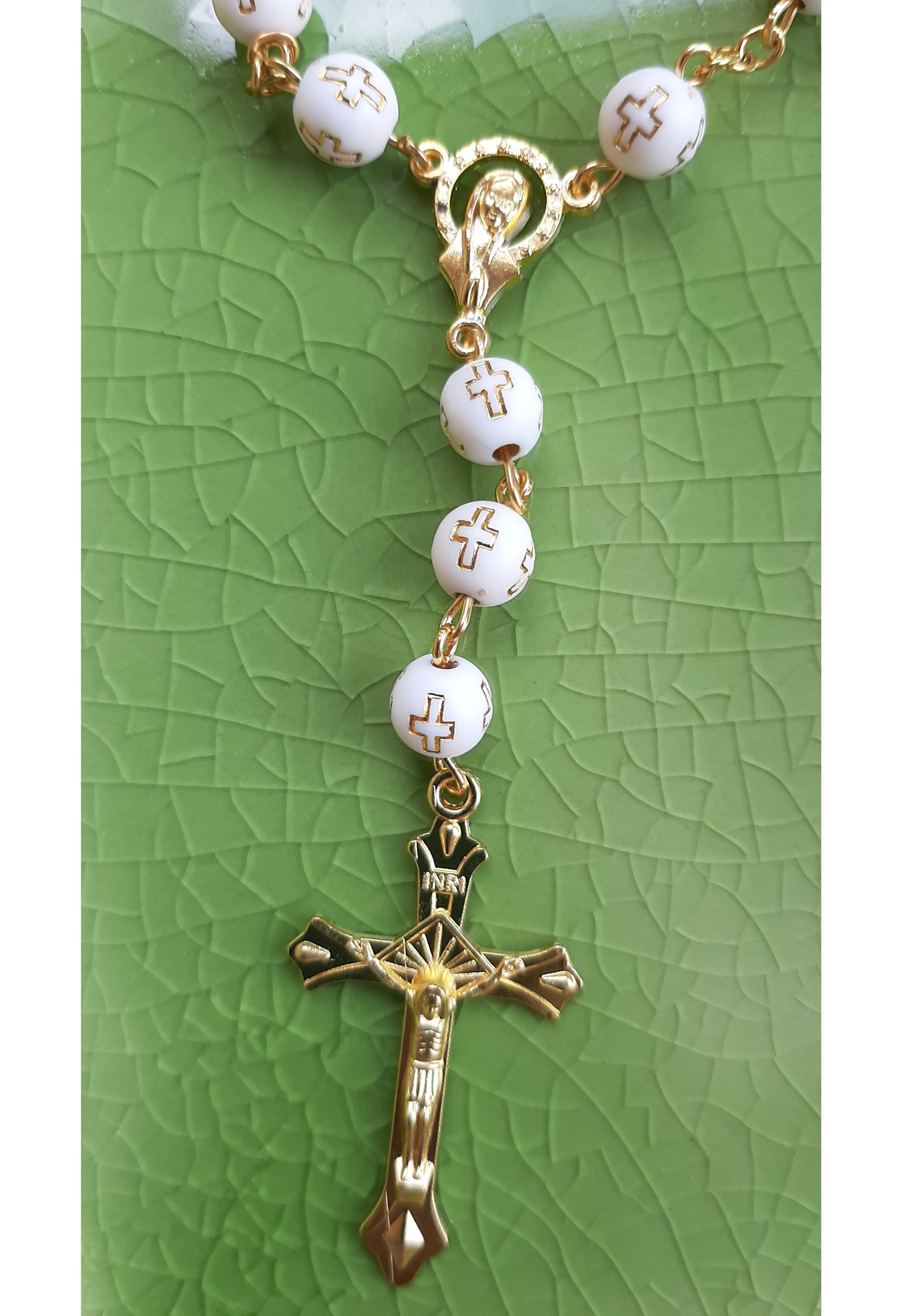 KaiaRie Blessed Virgin Mary Rosary Bracelet with White Bead Cross Stamping and Gold