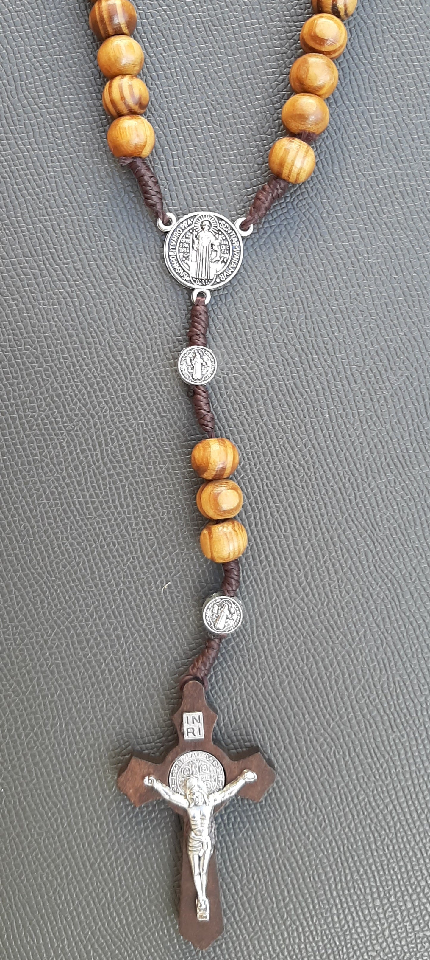 KaiaRie Saint Benedict Rosary with Olive Wood Beads and Silver