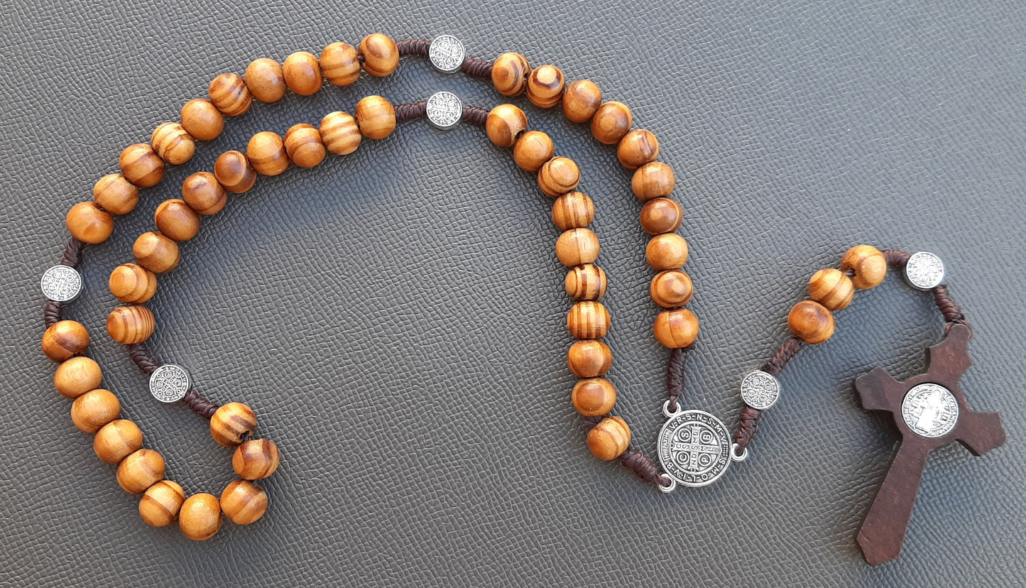 KaiaRie Saint Benedict Rosary with Olive Wood Beads and Silver