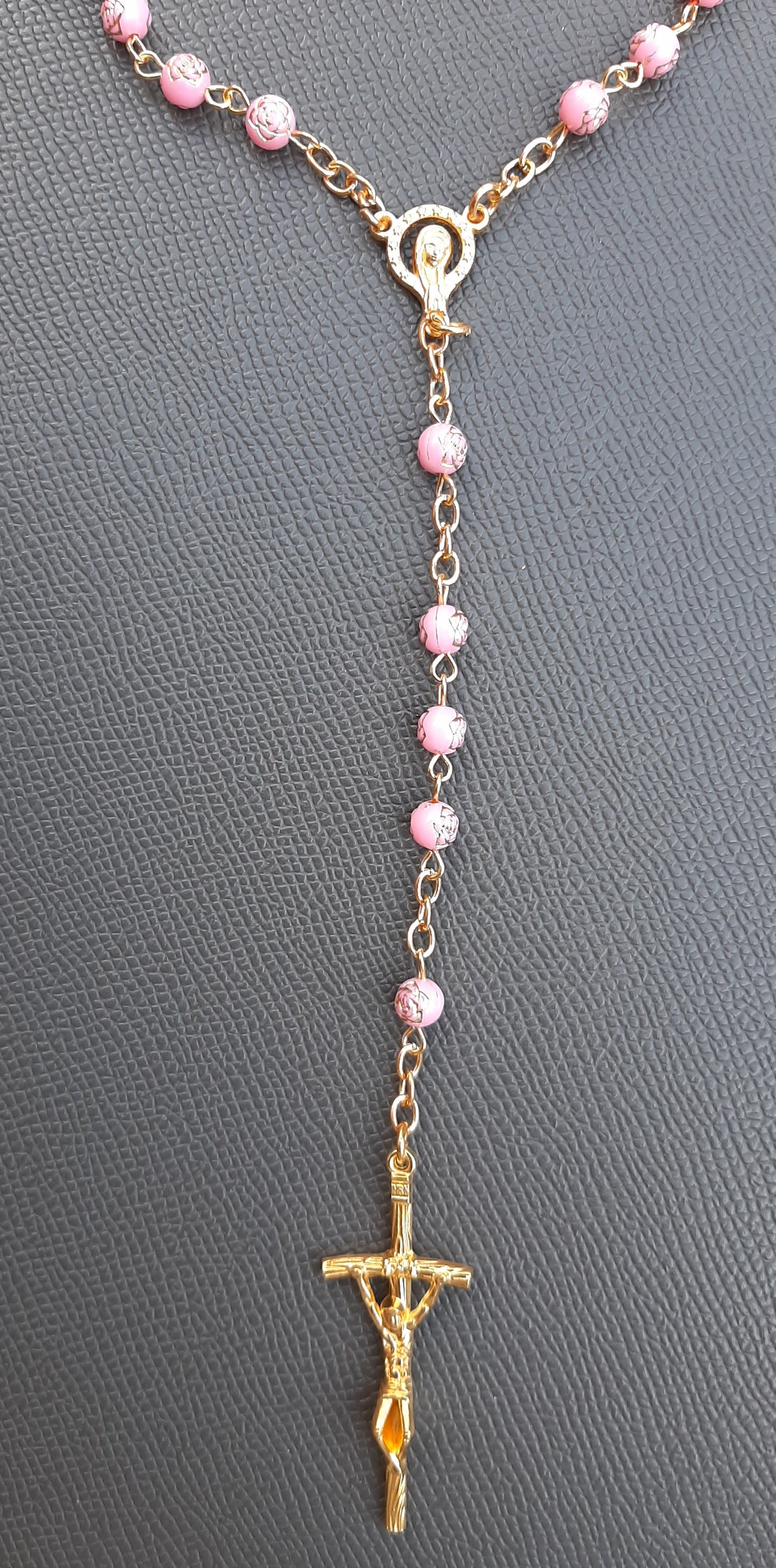 KaiaRie Mother Mary Rosary with Pink Bead Rose Stamping and Gold