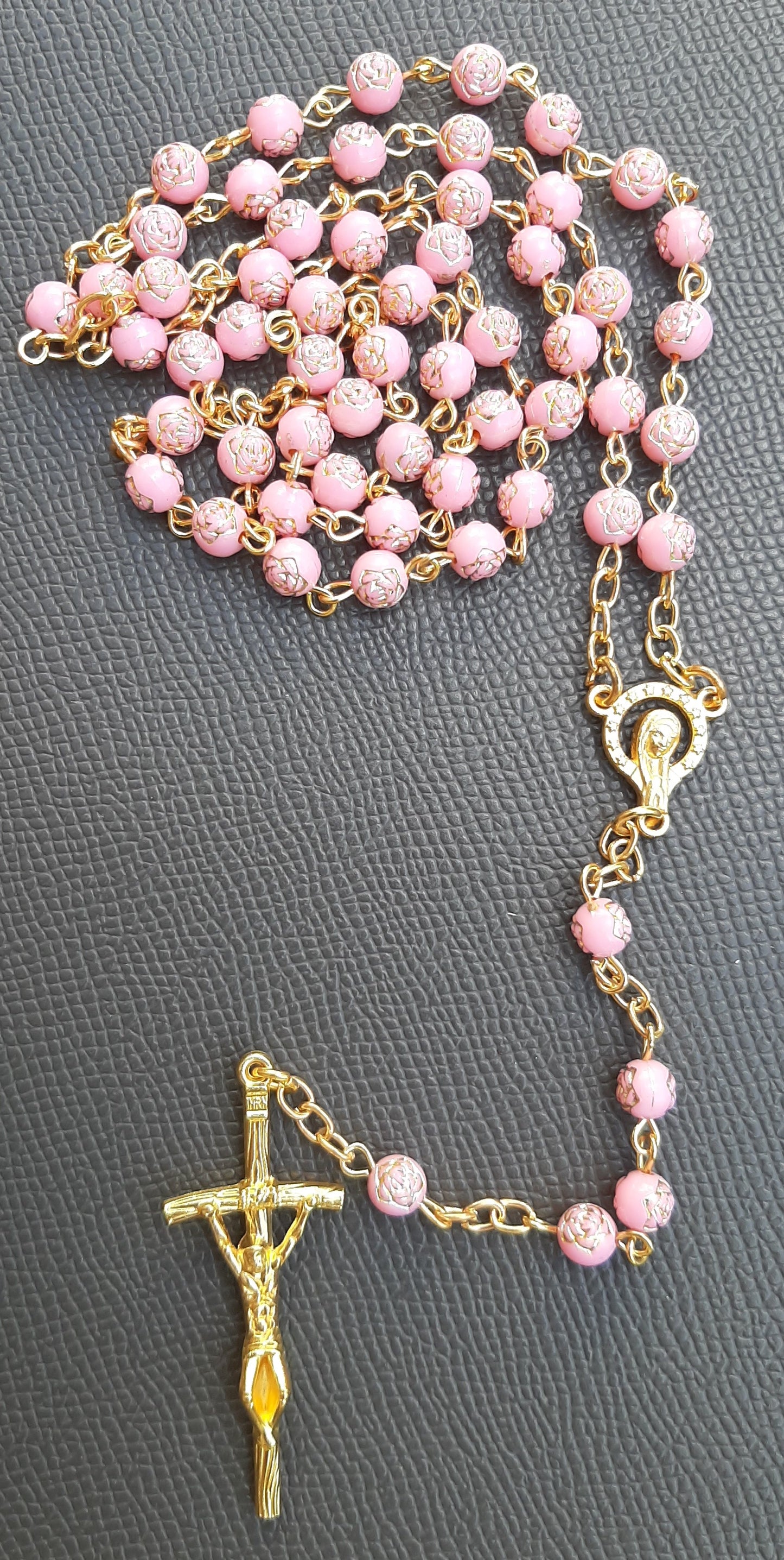 KaiaRie Mother Mary Rosary with Pink Bead Rose Stamping and Gold