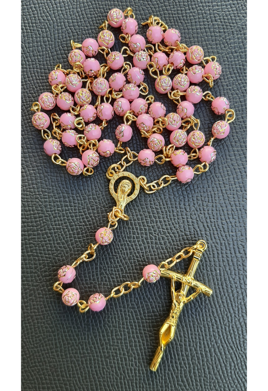 KaiaRie Mother Mary Rosary with Pink Bead Rose Stamping and Gold