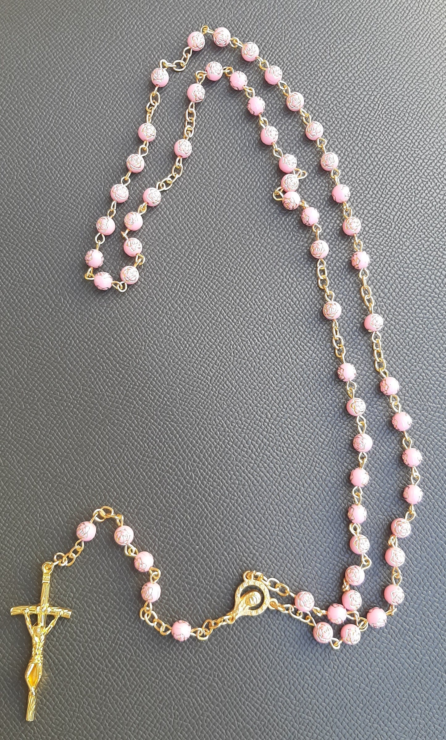 KaiaRie Mother Mary Rosary with Pink Bead Rose Stamping and Gold