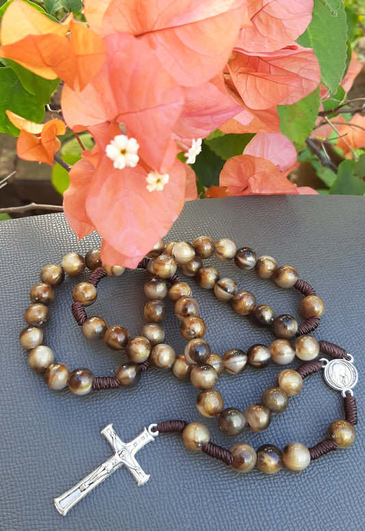 KaiaRie Our Lady of Fatima Rosary with Tiger Eye Beads and Silver